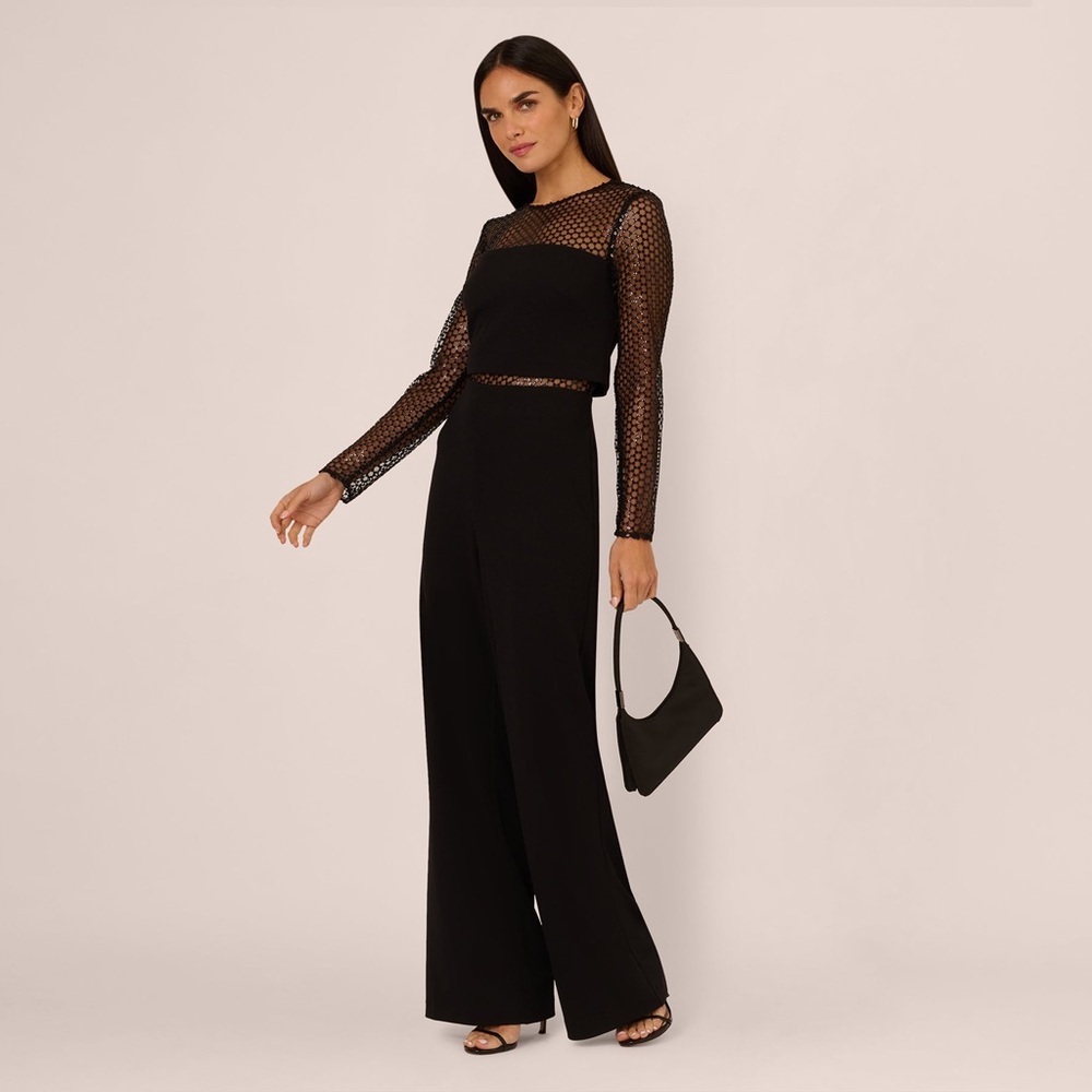 Adrianna Papell Black Long Sleeve Jumpsuit with Mesh Detail
